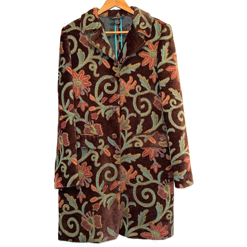 Luciano Dante Tapestry Brown Chenille Jacket Coat Floral Design Pattern Sz 14